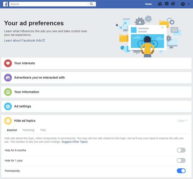 Facebook Ad Preferences - Hide Alcohol Ads